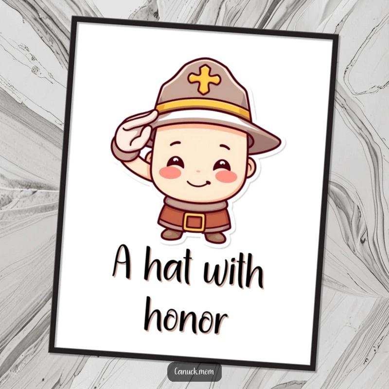 Funny Mountie hat digital art print featuring a smiling face bravely saluting, offering downloadable Canadian humor and cheerful wall decor.