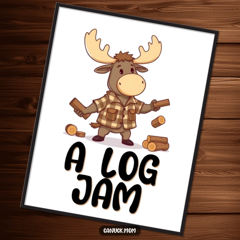 Funny Moose Lumberjack Digital Art Print, a printable artwork of a cartoon moose in lumberjack attire juggling logs, full of woodland fun.