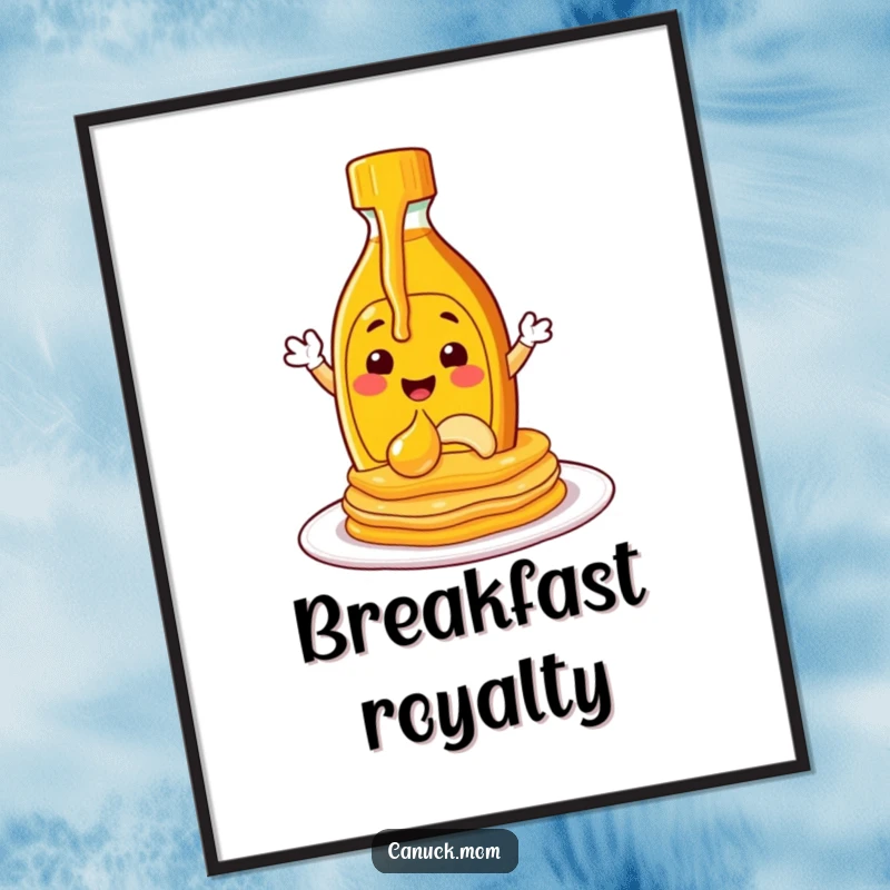 Funny maple syrup bottle character pouring syrup onto pancakes, as downloadable art for cheerful decor.