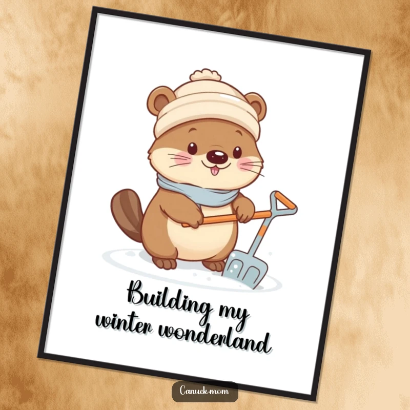 Funny Kawaii Beaver Digital Art Print: An illustration of a determined beaver in a toque shoveling snow with a tiny shovel.
