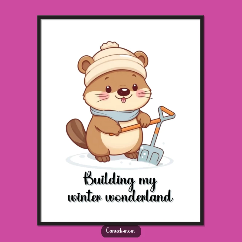 Funny Kawaii Beaver Digital Art - Snowy Day, Vibrant Funny Gift for Instant Decor