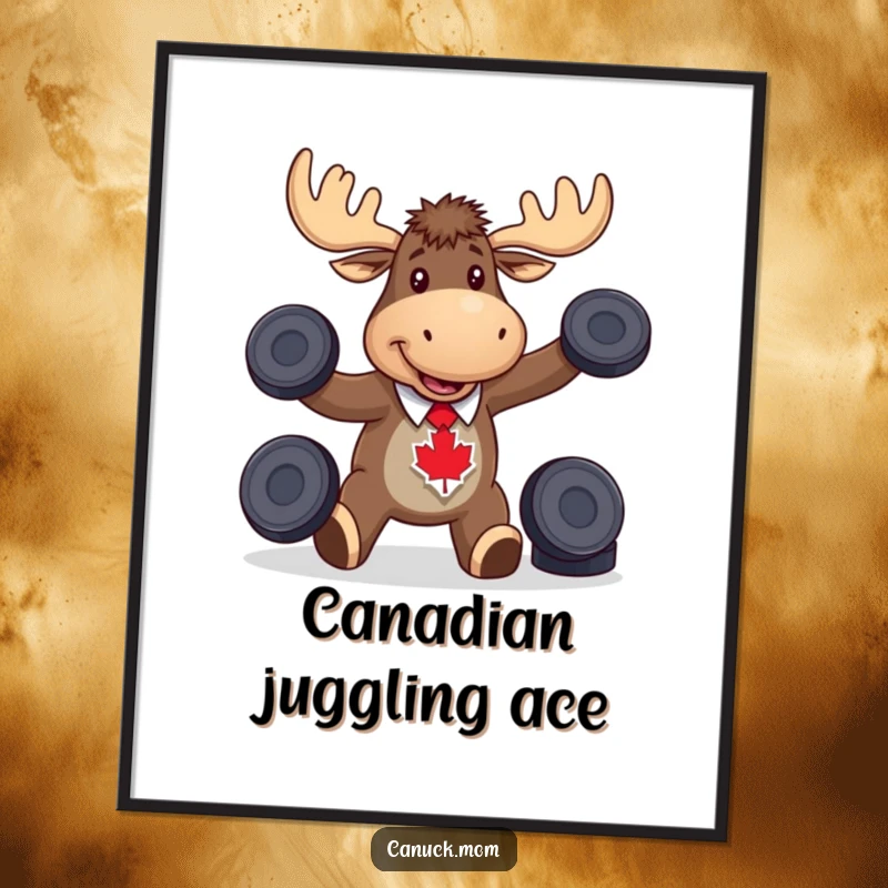 Funny moose wearing a maple leaf tie, happily juggling hockey pucks, perfect for sports-themed wall art.