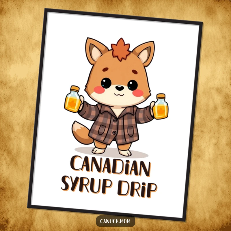 Funny Canadian animal in flannel shirt juggling maple syrup bottles, a high-resolution digital art print for instant humor.