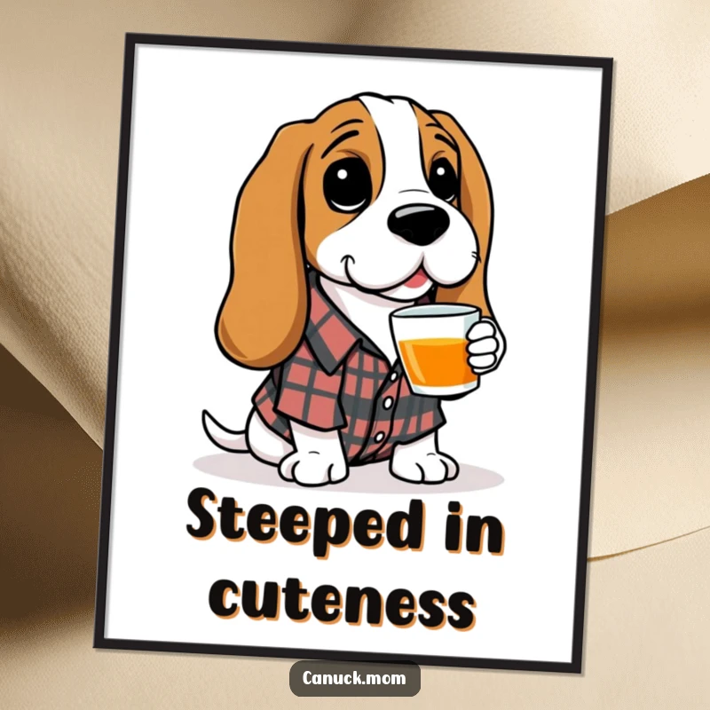 Funny Basset Hound Digital Art Print: A dapper Basset Hound in a plaid shirt hospitably offers a cup of tea.