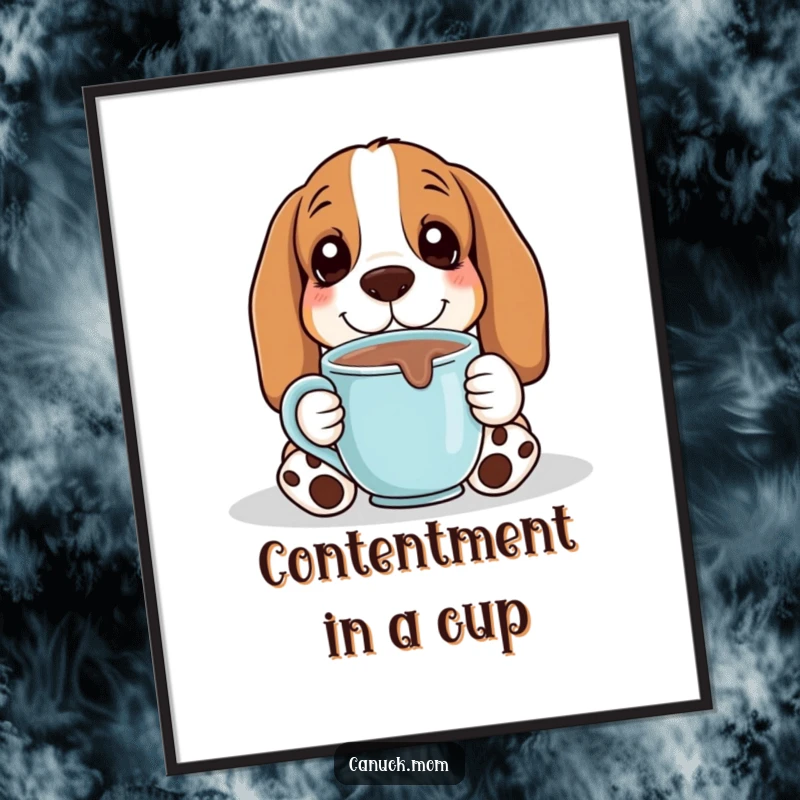Funny Basset Hound enjoying hot chocolate in a mug, looking cozy and content, available as a digital art print.