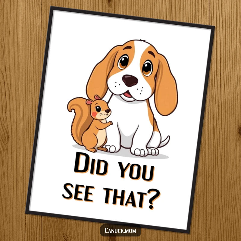 Funny Basset Hound Digital Art: A surprised hound stares at a squirrel, a humorous wall art.
