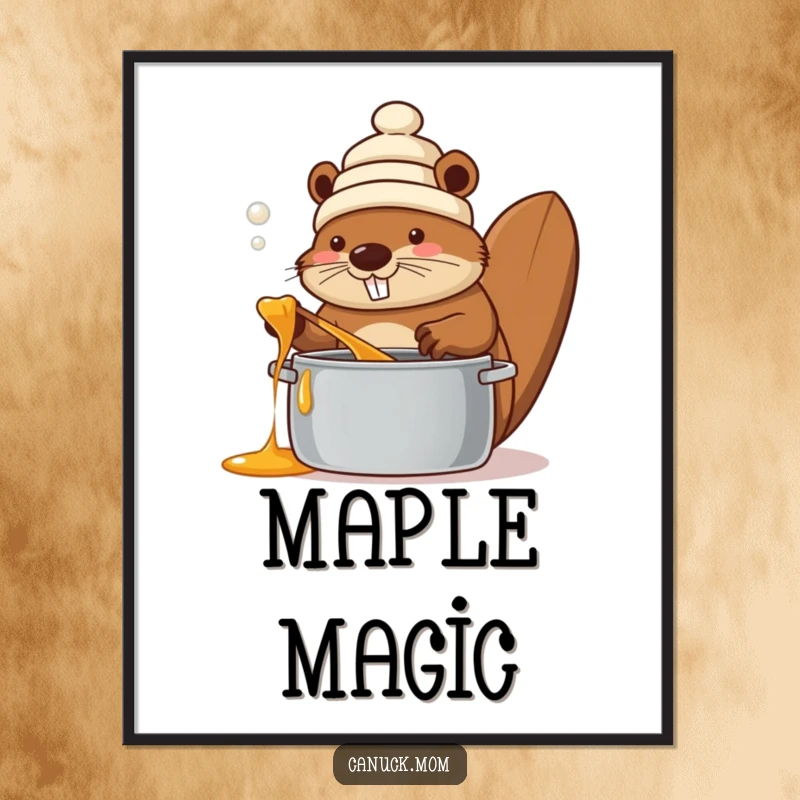 Funny beaver wearing a toque, stirring a pot of maple syrup, presented as a downloadable digital art print for instant Canadian charm.