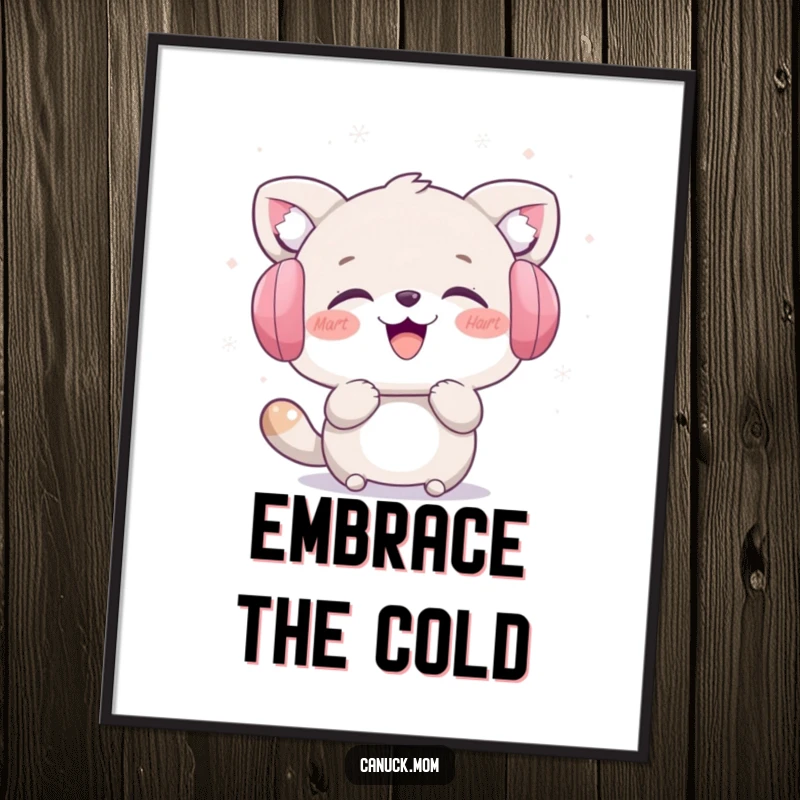 Funny digital art print of an animal character in earmuffs laughing while catching snowflakes. Instant humorous winter decor gift.