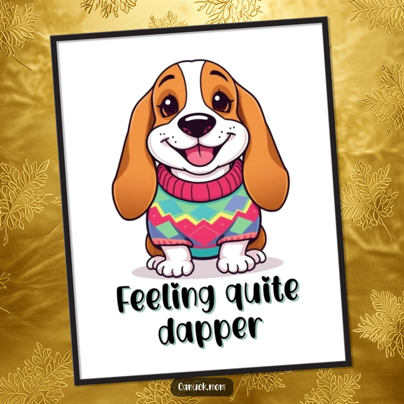 Funny Basset Hound Digital Art: A smiling dog wearing a colorful knitted sweater, adding cheer to walls.