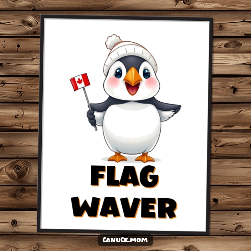Funny Puffin Canada Digital Art Print: A joyful puffin wearing a tiny toque holds a mini Canadian flag, ready to hang.