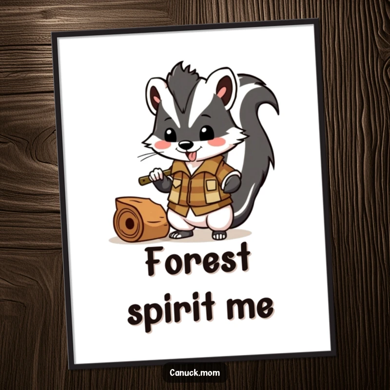 Funny skunk in lumberjack shirt chopping wood, printable digital art for rustic decor.
