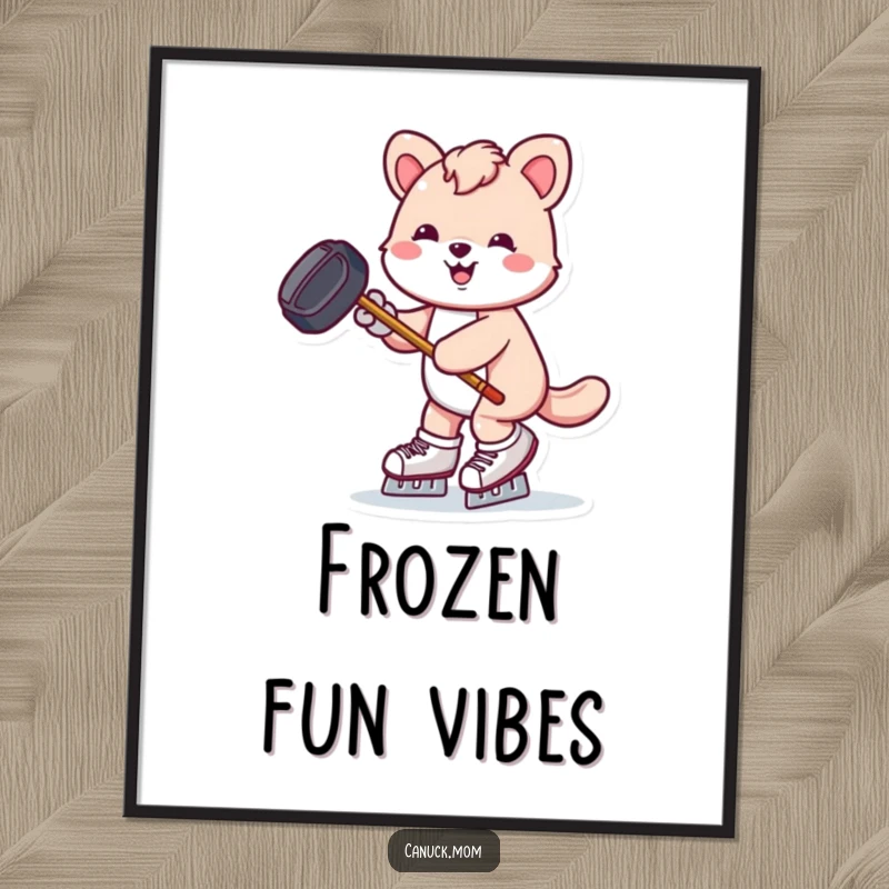 Funny animal with hockey puck and stick skates joyfully, a high-resolution digital art print for instant action.