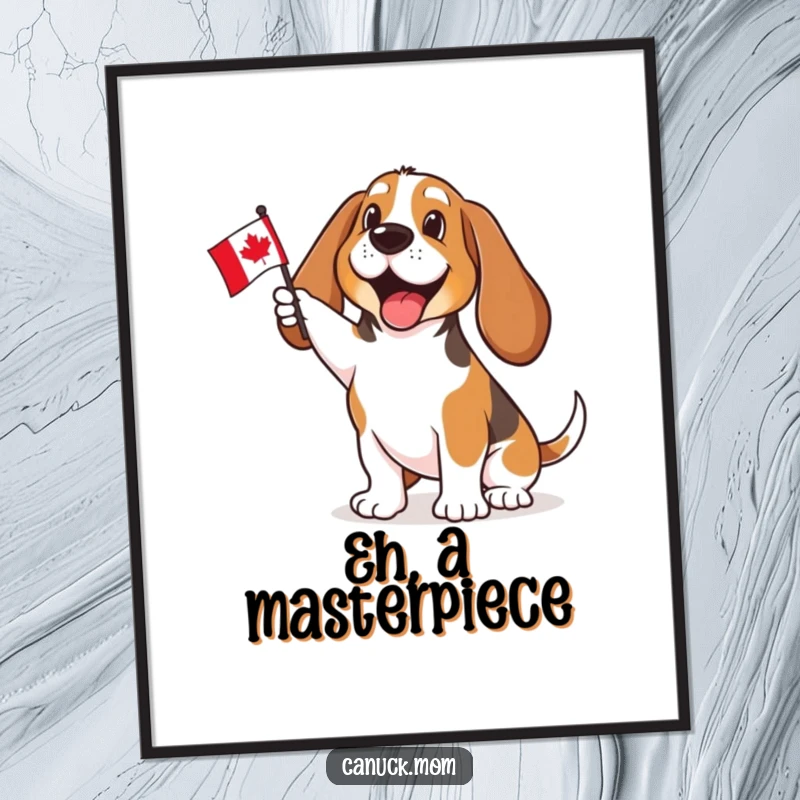 Funny Basset Hound digital art print capturing enthusiastic Canadian flag waving, ideal for instant printable decor, bringing patriotic smiles.