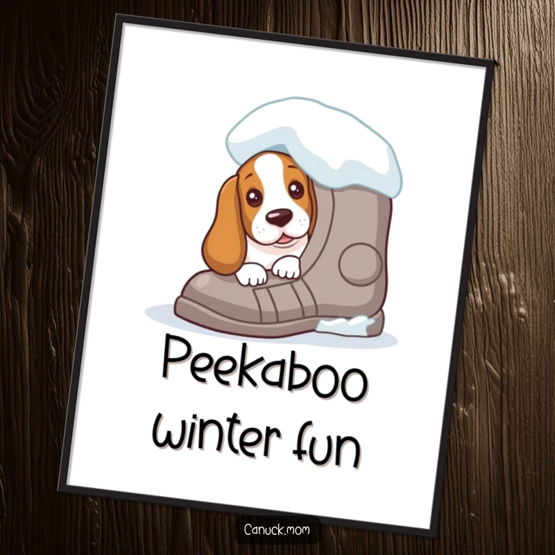 Funny Basset Hound digital art print capturing a curious peek from behind a giant snowshoe, ideal for instant printable winter decor.