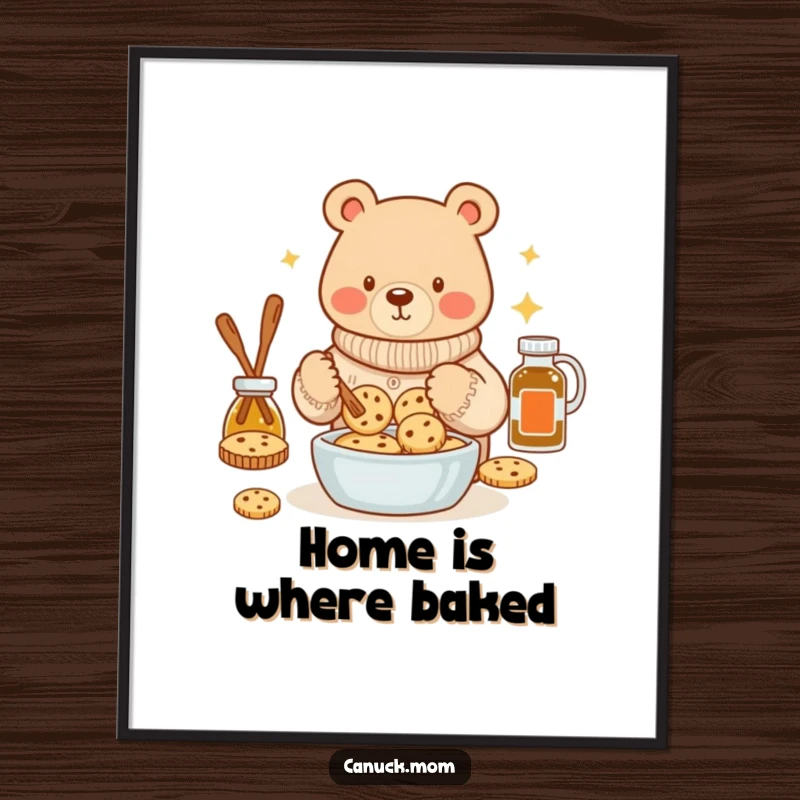 Funny bear in a cozy sweater baking maple syrup cookies as a digital art print, adding instant warmth and humor.