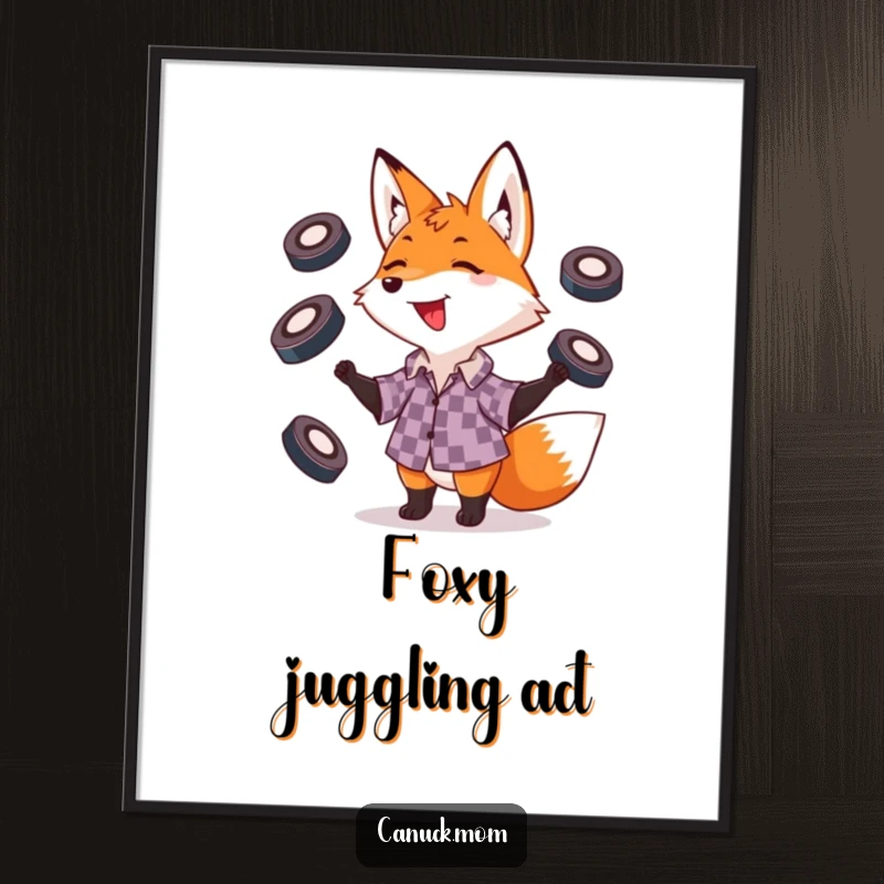 Funny fox in a checkered shirt skillfully juggling hockey pucks, a dynamic and humorous digital artwork.