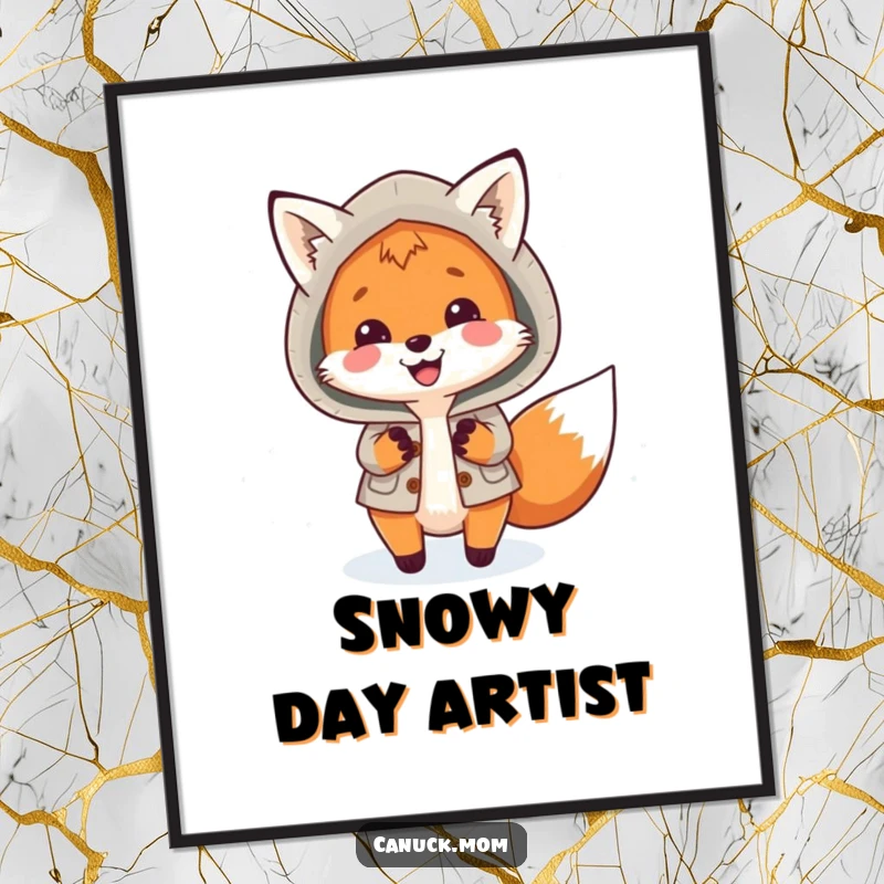 Funny Fox Parka Digital Art Print: A smiling fox in a warm parka playfully chases snowflakes, ready to adorn your walls.