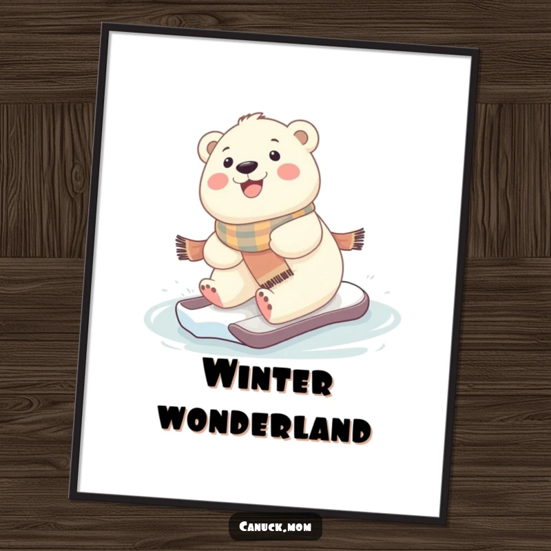 Funny kawaii baby polar bear in a scarf, gleefully sliding on ice, as downloadable art.
