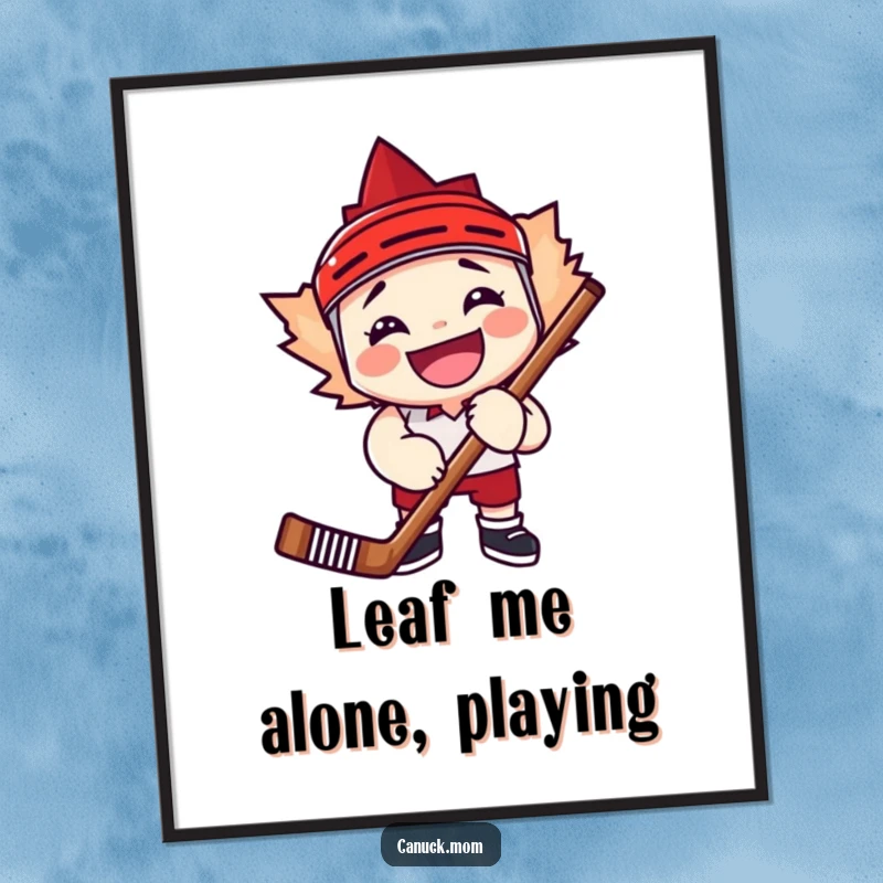 Funny maple leaf character grinning widely, holding a hockey stick, perfect for instant decor and sports enthusiasm.