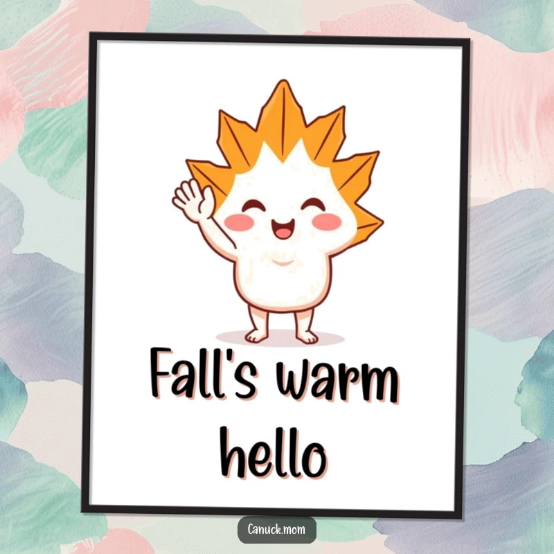 Funny Maple Leaf Wave Digital Art: A high-resolution print of a smiling maple leaf character waving, ready for instant display.