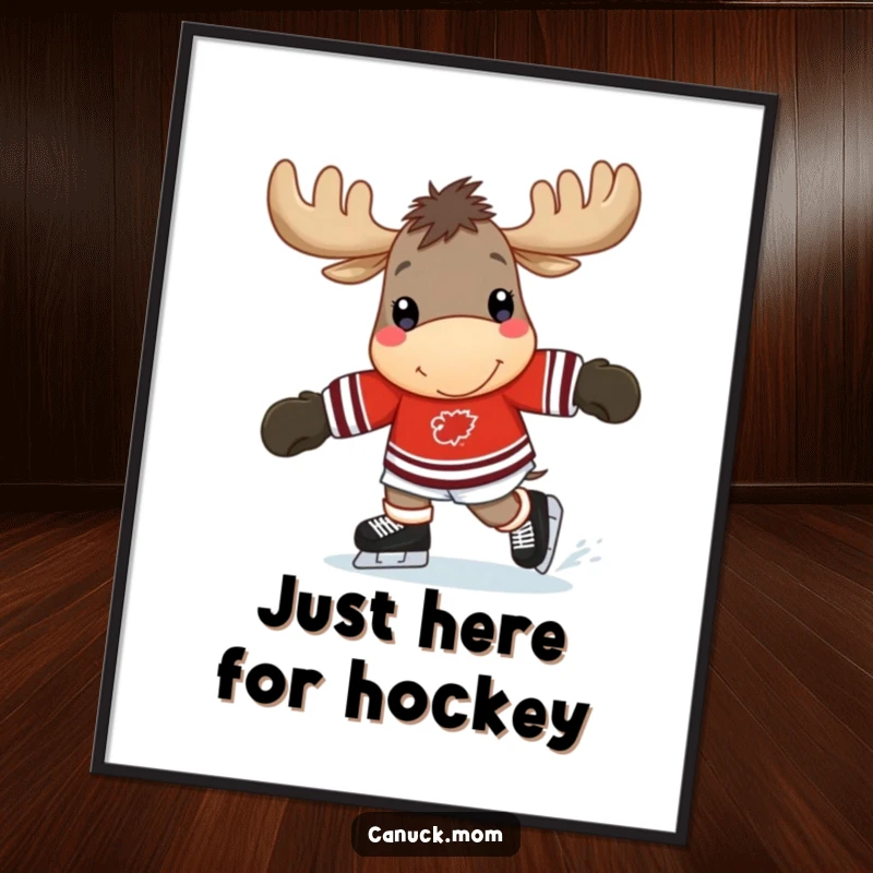 Funny moose digital art print of a cheerful moose wearing a hockey jersey, happily skating, embodying sporty fun and humor.