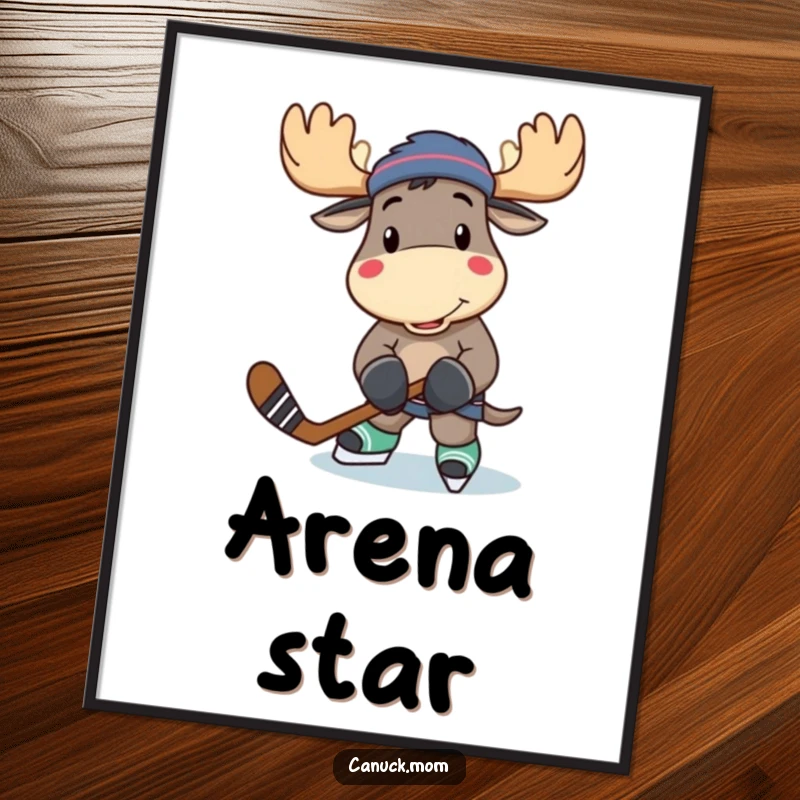 Funny moose hockey player digital art print, ready for action, adding humor to any space.