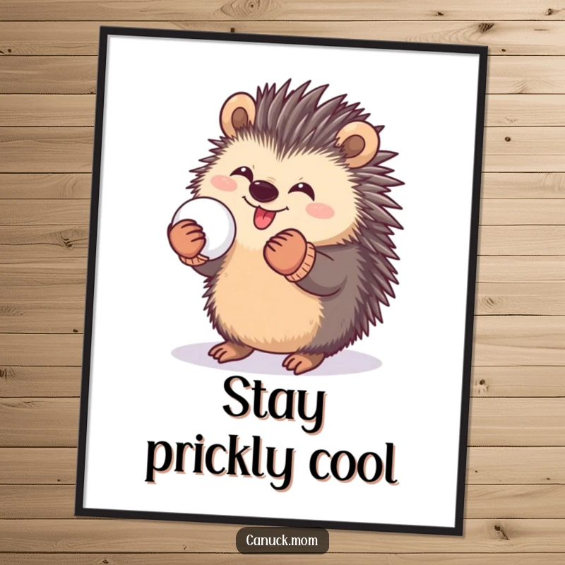 Funny digital art print of a happy porcupine in mittens, playfully holding a snowball, offering instant winter humor.