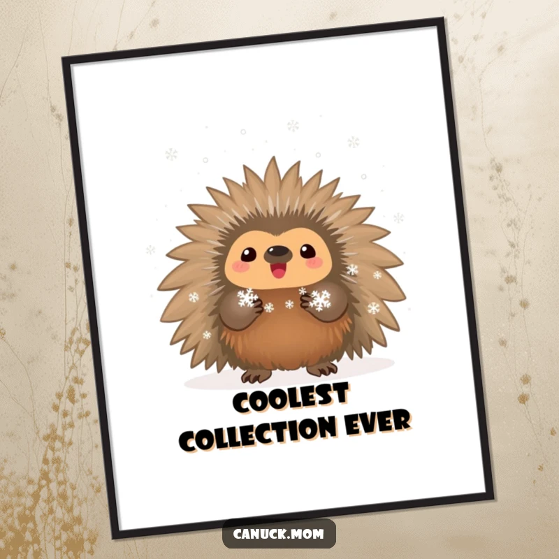 Funny proud porcupine displaying tiny snowflakes, available as a downloadable digital art print.
