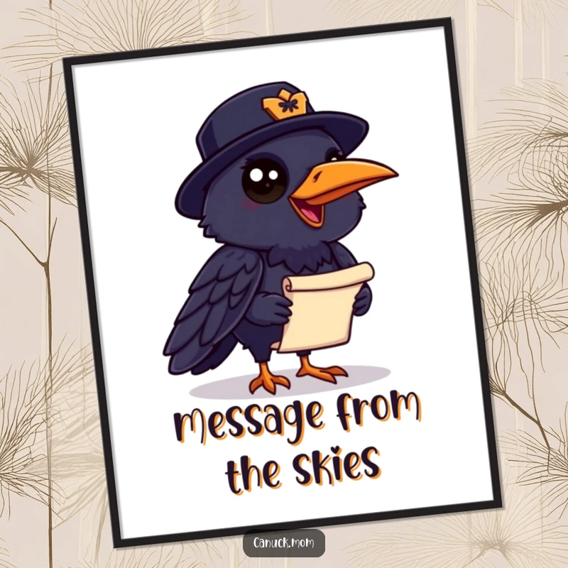 Funny Raven Mountie Digital Art Print: A chatty raven wearing a Mountie hat holds a scroll, conveying whimsical humor.