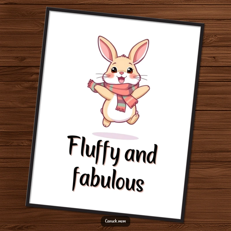 Funny snowshoe hare digital art print of a happy bunny wearing a scarf and hopping excitedly, bringing whimsical winter cheer to any room.