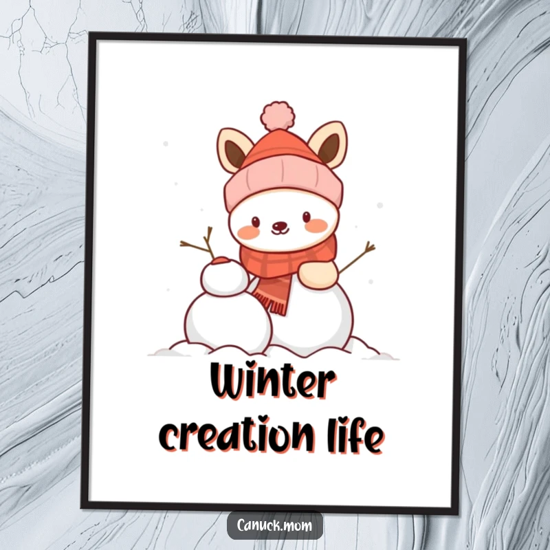 Funny animal wearing a winter hat, happily building a snowman, a high-resolution digital art print for instant winter joy.
