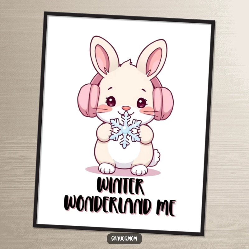 Funny snow bunny rabbit in ear muffs holding a snowflake, downloadable digital art print.