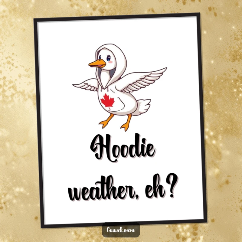 Funny goose wearing a Canadiana hoodie, flying north, a humorous digital art print for home decor.