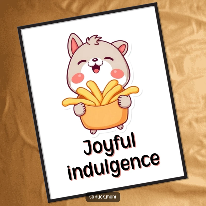 Funny digital art print of an animal character smiling widely while holding a poutine, perfect for framing.