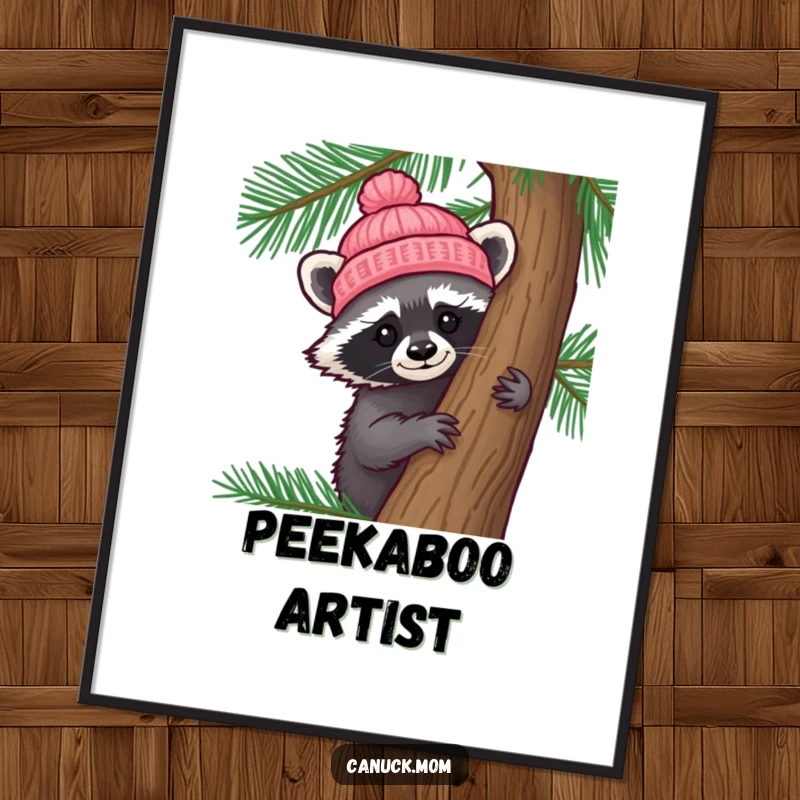 Funny Raccoon Hat Digital Art Print: A curious raccoon wearing a tiny knitted hat peeks from behind a pine tree, ready to hang.