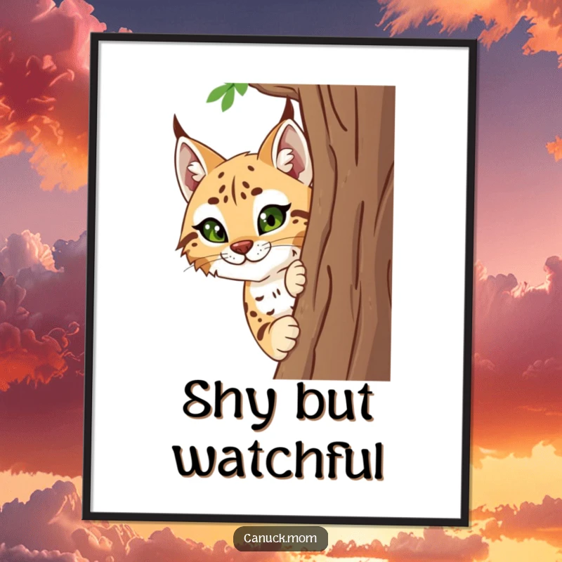 Funny Lynx Digital Art Print showing a smiling lynx peeking from behind a tree, perfect for humorous decor.