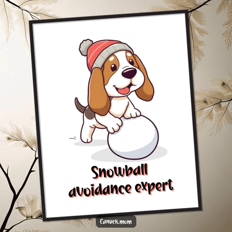 Funny Basset Hound Digital Art: A dog tripping over a snowball, a humorous winter wall art.