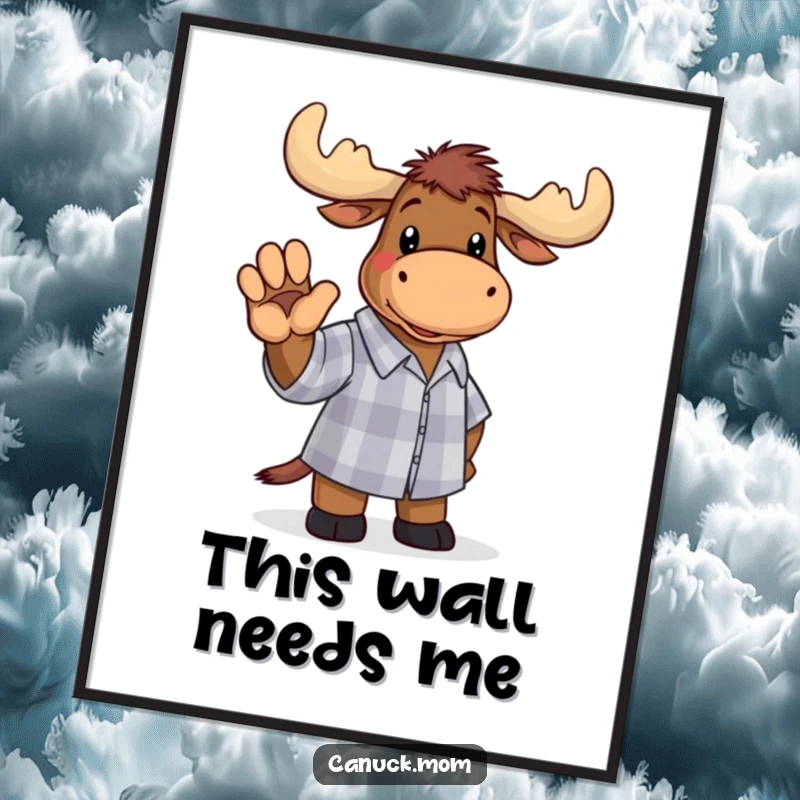 Funny moose wearing a checkered shirt, waving a paw, as a digital art print, offering immediate humorous woodland decor.