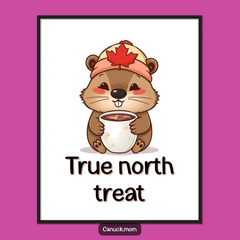 Funny Beaver Digital Art: Maple Leaf Toque Cocoa Print, Cozy Canadian Funny Gift Decor