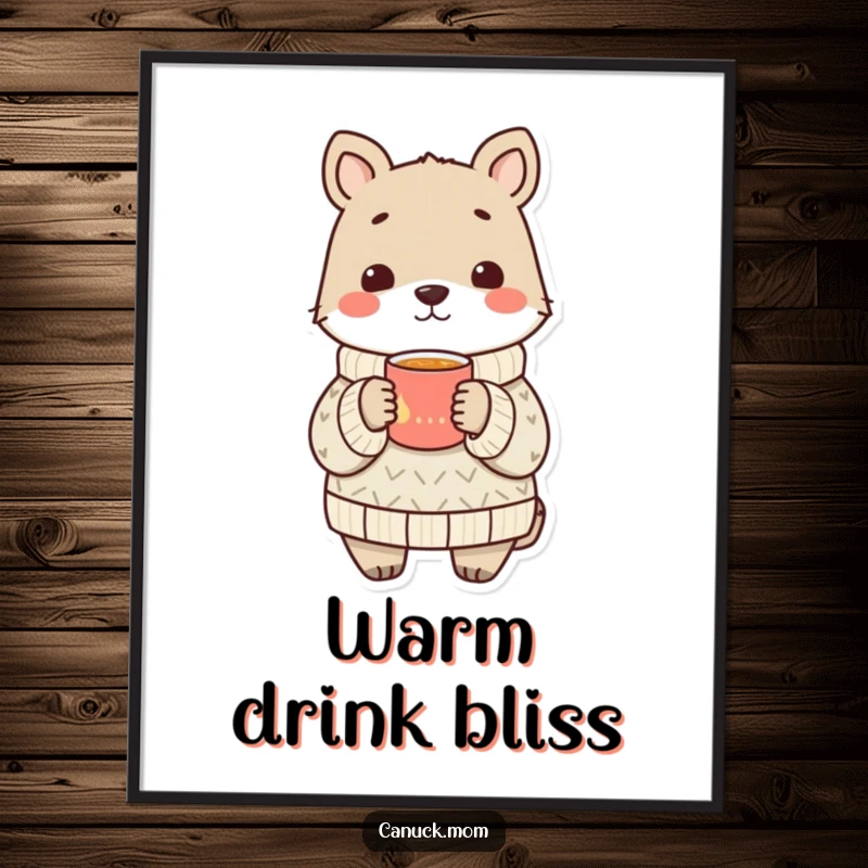 Funny animal wearing a cozy sweater shares a warm drink, a high-resolution digital art print for instant warmth.