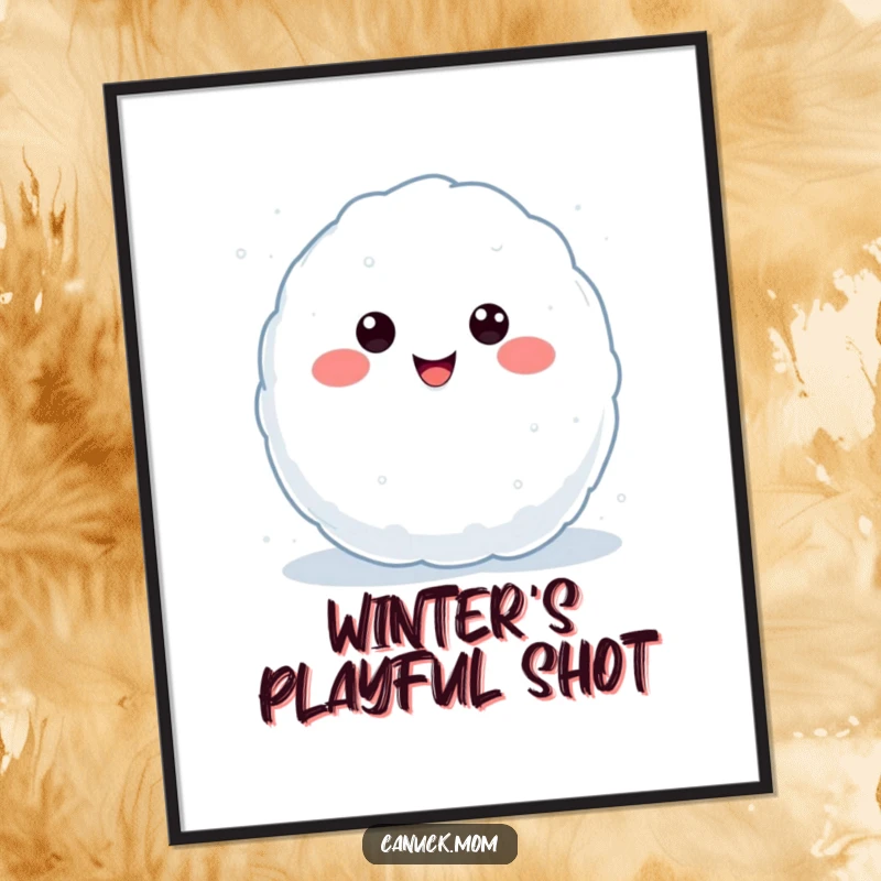 Funny Kawaii Snowball Digital Art Print of a smiling snowball character, mid-throw, perfect for instant decor and a funny gift.