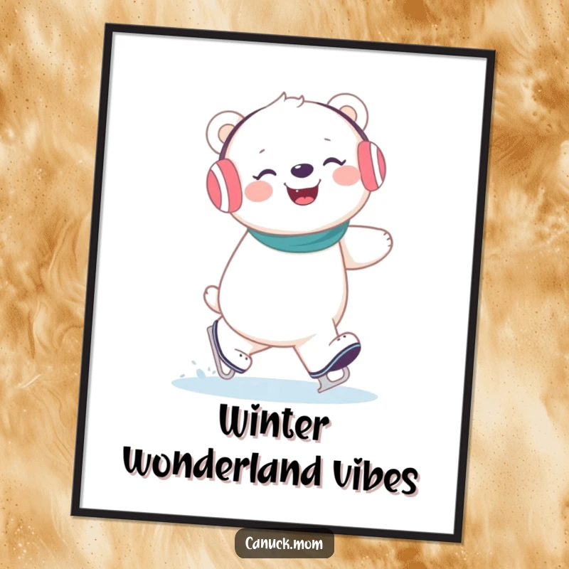 Funny polar bear wearing earmuffs giggling gleefully while ice skating, a charming and humorous digital artwork.