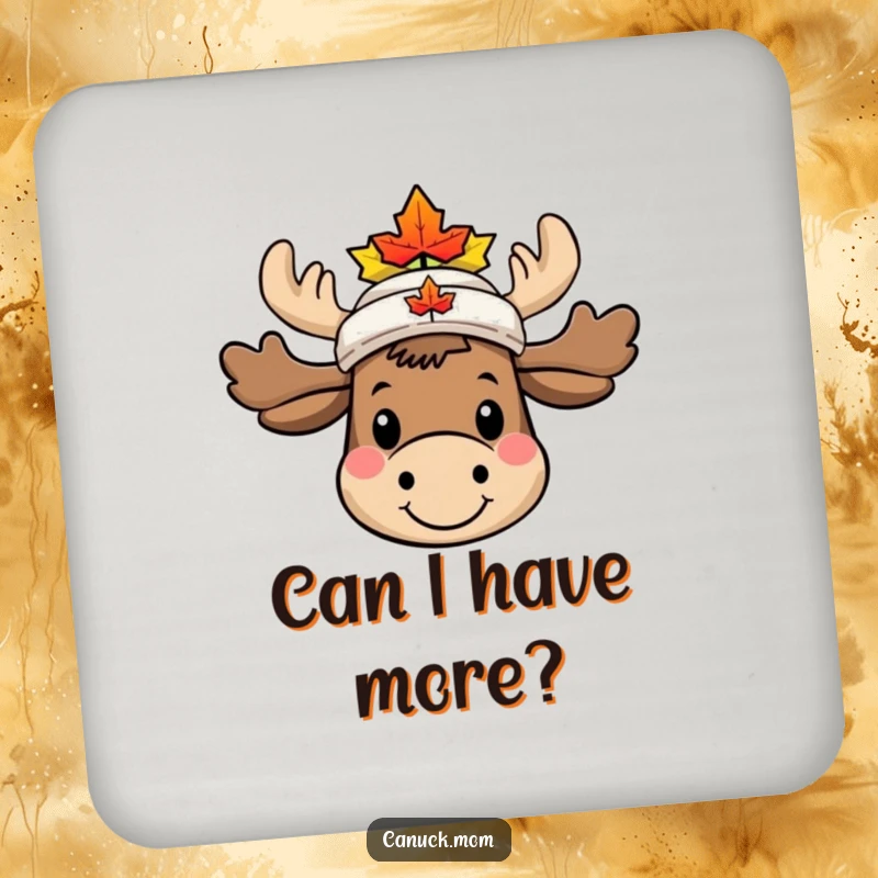 Funny Moose Coaster featuring a smiling character with a tiny maple leaf hat, adding humorous Canadian flair.