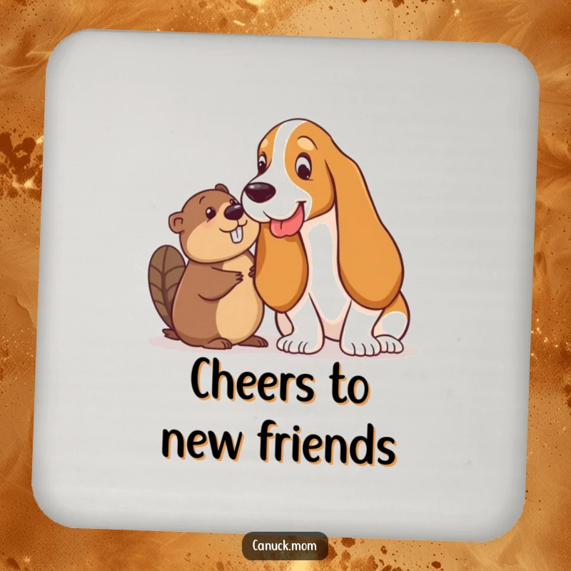 Funny Basset Hound and Beaver Coaster: A Basset Hound and a Beaver share a playful glance, protecting your surfaces with humor.