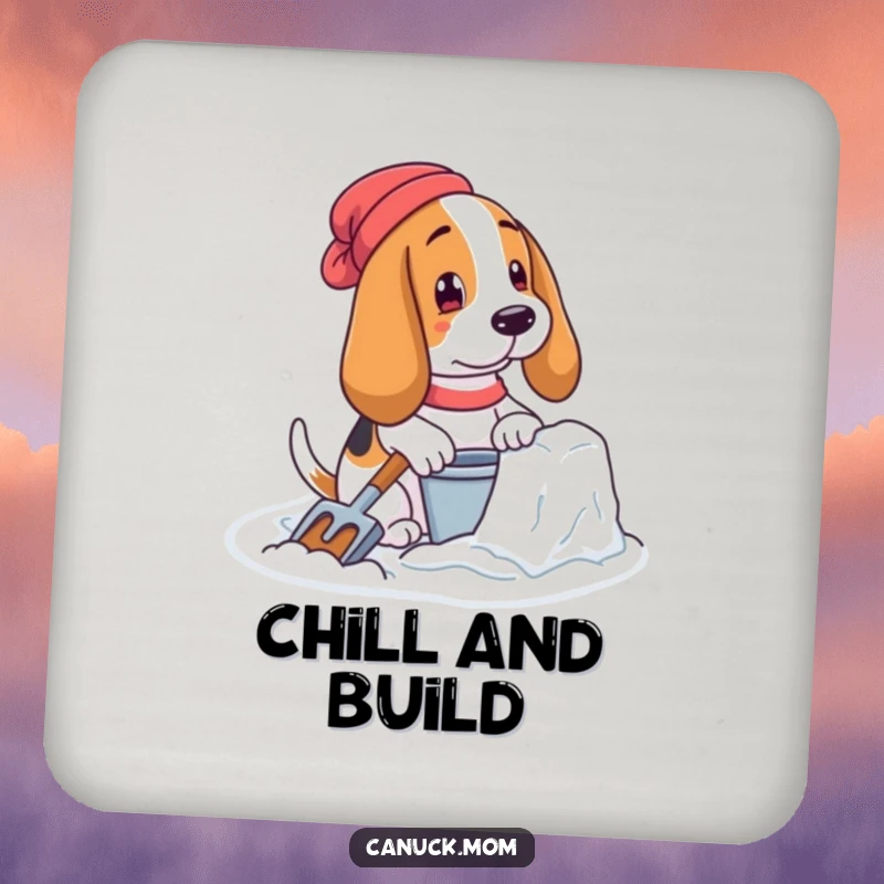 Funny Basset Hound Coaster: A dog building a snow fort with pail and shovel, protecting surfaces.
