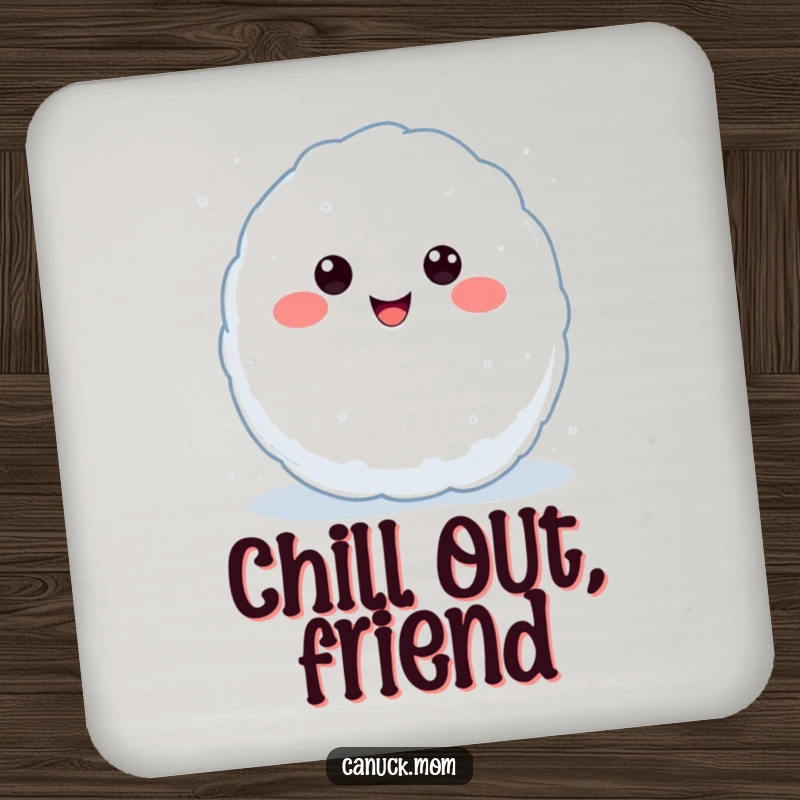 Funny Kawaii Snowball Coaster showing a smiling snowball character, mid-throw, protecting surfaces with winter charm, a funny gift.