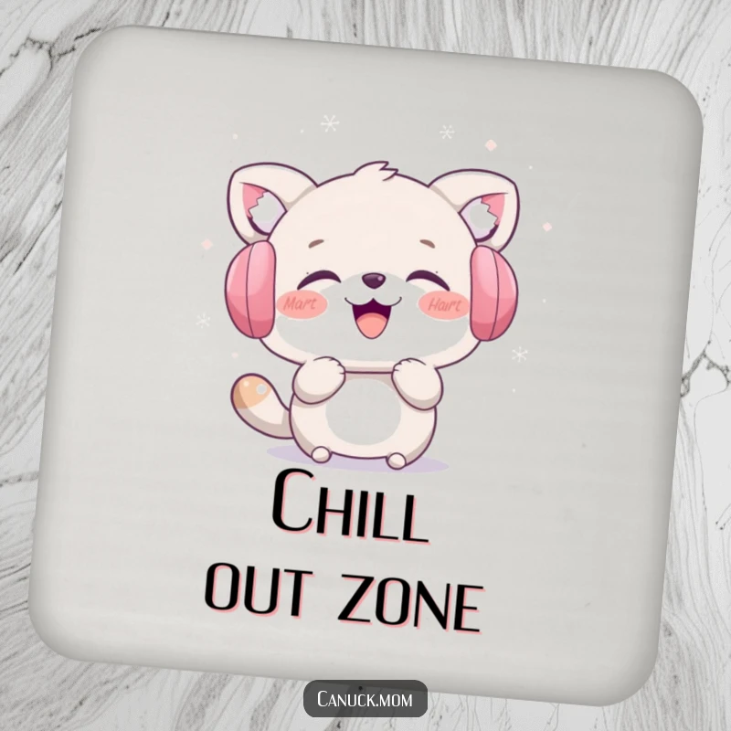 Funny drink coaster featuring an animal character in earmuffs laughing while catching snowflakes. Humorous winter decor gift.