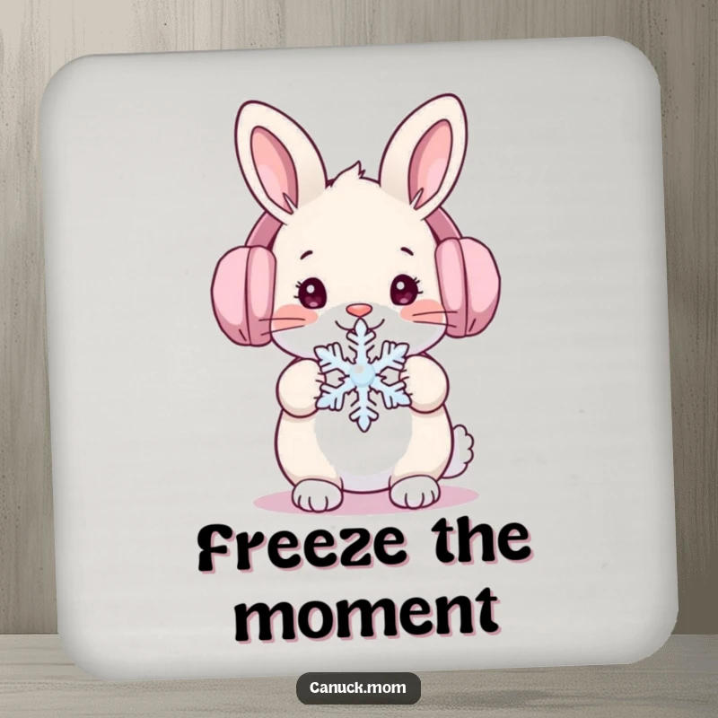 Funny rabbit wearing ear muffs holding a snowflake, protective and decorative drink coaster.
