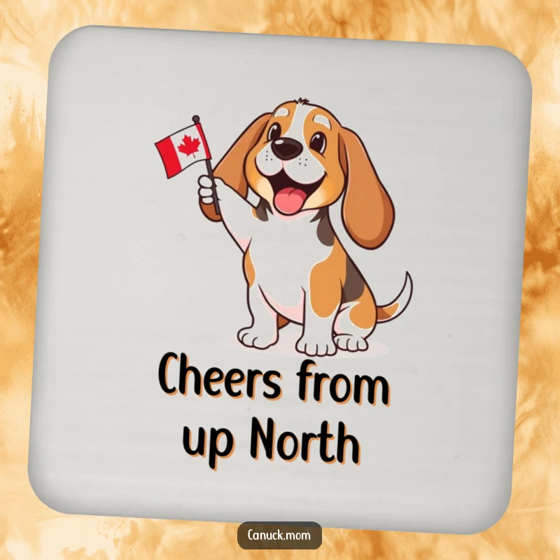 Funny Basset Hound coaster enthusiastically waving a small Canadian flag, protecting surfaces with patriotic humor and a dose of canine charm.