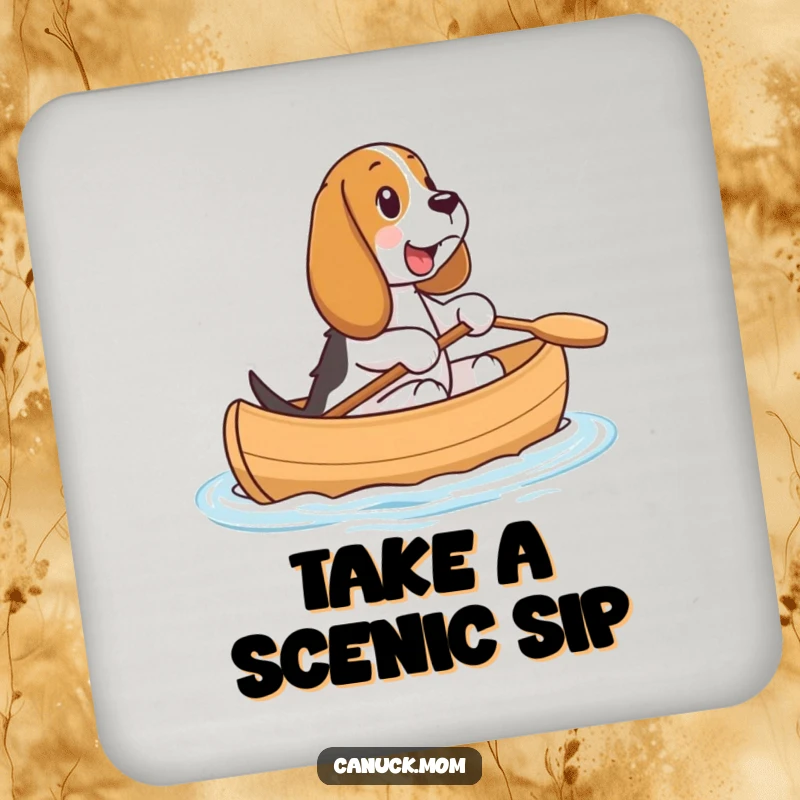 Funny Basset Hound Canoe Coaster: A happy Basset Hound rides in a tiny canoe, protecting your surfaces with humor.